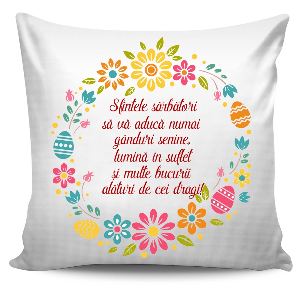 Perna personalizata cu text standard, Paste fericit , 40x40 cm, Handmade Mihaela