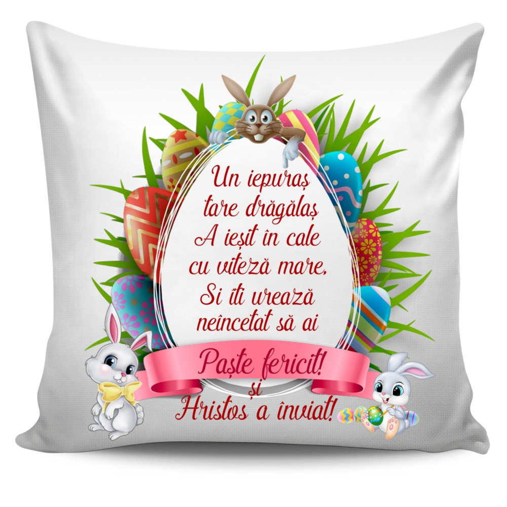 Perna personalizata cu text Iepuras , Paste fericit , 40x40 cm, Handmade Mihaela