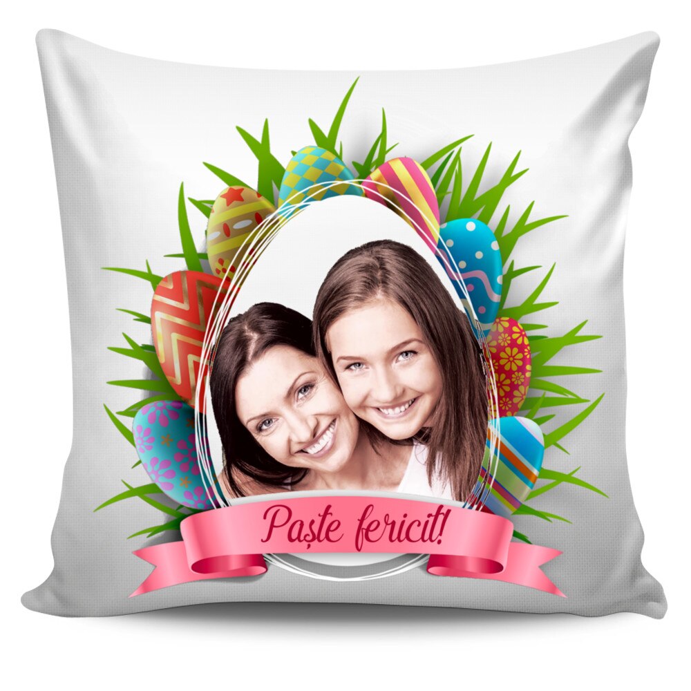 Perna personalizata cu poza si text , Paste fericit , 40x40 cm, Handmade Mihaela