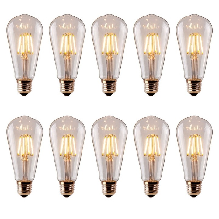 Set 10 becuri vintage cu filament LED, consum 8W, putere 90W, stil retro, lumina calda, odihnitoare