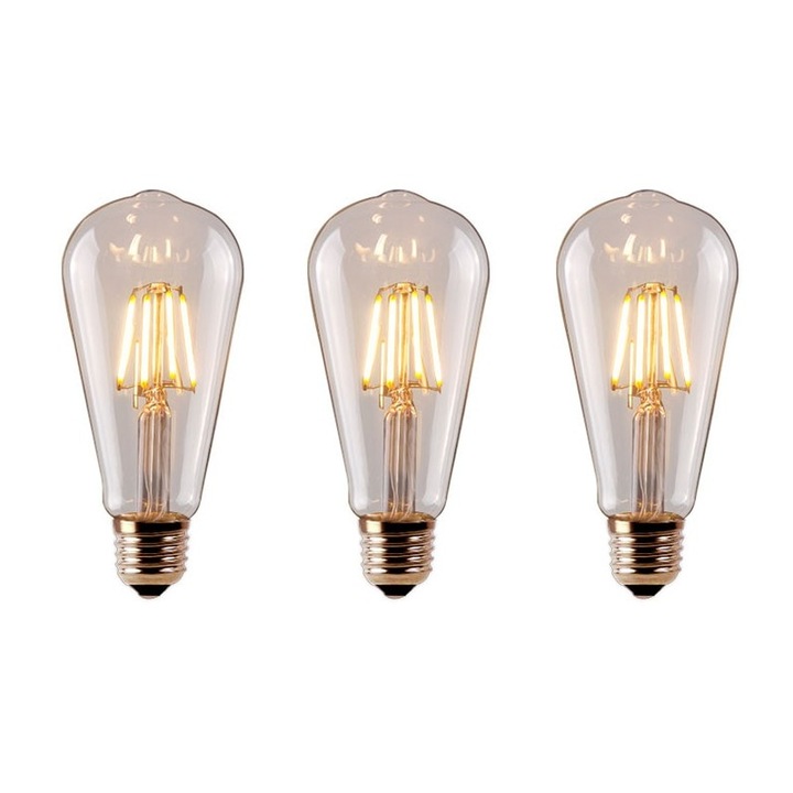 Set 3 becuri vintage cu filament LED, consum 8W, putere 90W, stil retro, lumina calda, odihnitoare