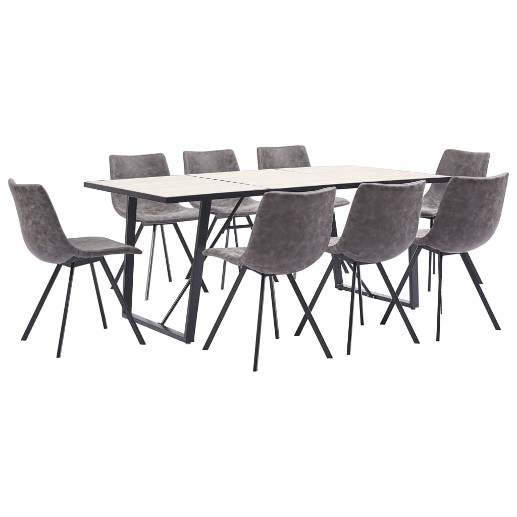 Set de 9 piese masa cu 8 scaune de bucatarie, vidaXL, Piele ecologica/Lemn stejar/Otel, 180 x 90 x 75cm, Maro