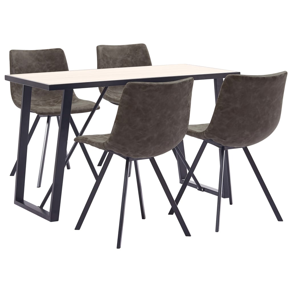 Set de 5 piese masa cu 4 scaune de bucatarie, vidaXL, Piele ecologica/Lemn stejar/Metal, 120 x 60 x 75 cm, Maro