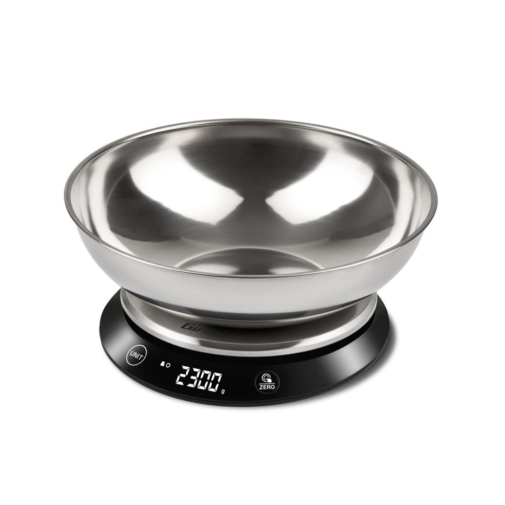 Cantar de bucatarie electronic cu bol inox mare Girmi, touchscreen capacitate max. 5 kg, diviziune 1g, functie tare si zero