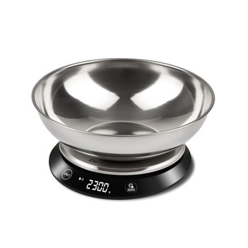Cantar de bucatarie electronic cu bol inox mare Girmi, touchscreen capacitate max. 5 kg, diviziune 1g, functie tare si zero Cantar de bucatarie electronic cu bol inox mare Girmi, touchscreen capacitate max. 5 kg, diviziune 1g, functie tare si zero