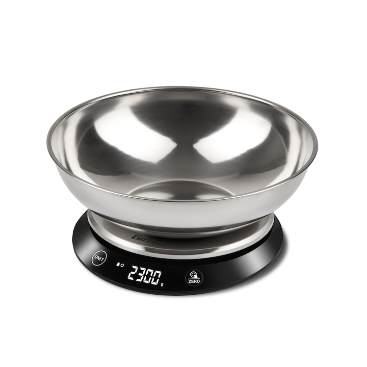 Cantar de bucatarie electronic cu bol inox mare Girmi, touchscreen capacitate max. 5 kg, diviziune 1g, functie tare si zero