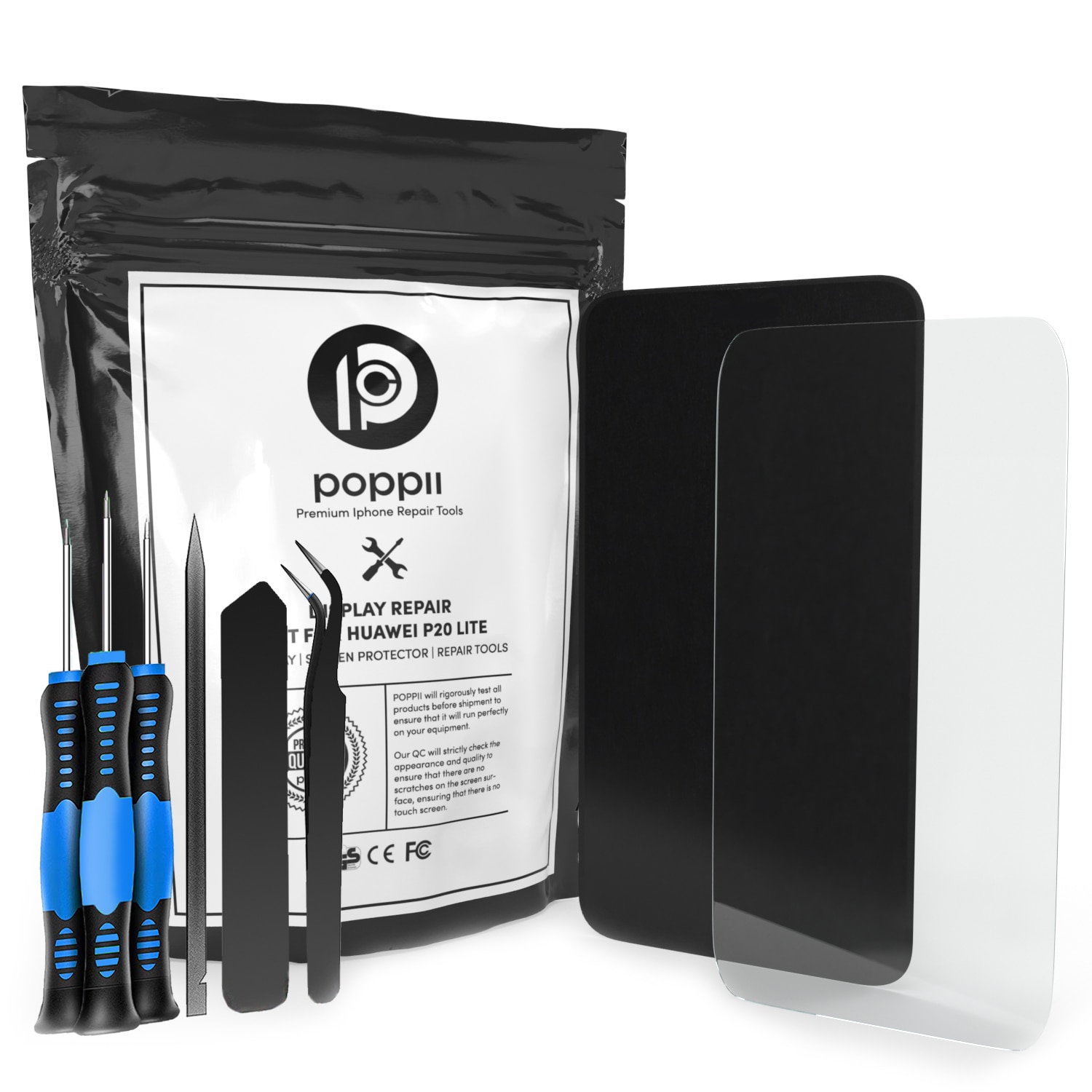 Set display compatibil cu touchscreen Huawei P20 Lite Negru, Harta proiectului magnetic, Instrumente, Ghid pas cu pas, Folie de protectie tempered glass