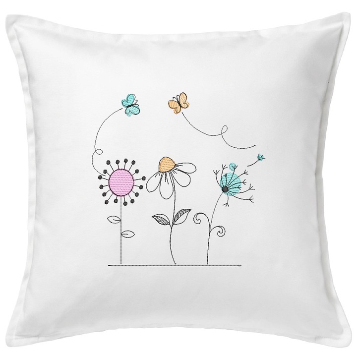 Perna decorativa, brodata, bumbac, multicolor, 38x38 cm, flori