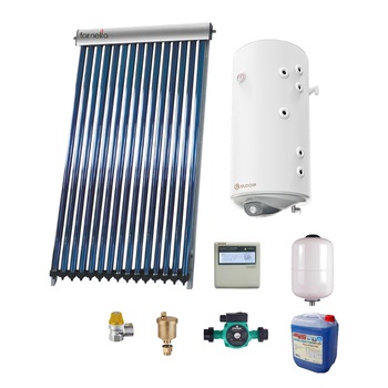 Sistem solar presurizat, panou Fornello 10 Tuburi Heat Pipe, boiler cu 2 serpentine si rezistenta electrica Eldom 100 litri, pompa 25-60, controller, vas expansiune, antigel, supapa 1/2, aerisitor 1/2 Sistem solar presurizat, panou Fornello 10 Tuburi Heat Pipe, boiler cu 2 serpentine si rezistenta electrica Eldom 100 litri, pompa 25-60, controller, vas expansiune, antigel, supapa 1/2, aerisitor 1/2