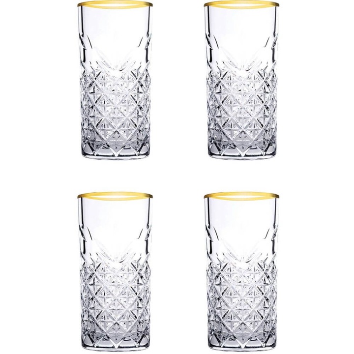 Комплект 4 чаши Long Drink Pasabahce Timeless Golden Touch, 450 мл
