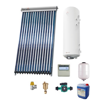 Sistem solar presurizat, panou Fornello 15 Tuburi Heat Pipe, boiler cu 2 serpentine si rezistenta electrica Eldom 150 litri, pompa 25-60, controller, vas expansiune, antigel, supapa 1/2, aerisitor 1/2 Sistem solar presurizat, panou Fornello 15 Tuburi Heat Pipe, boiler cu 2 serpentine si rezistenta electrica Eldom 150 litri, pompa 25-60, controller, vas expansiune, antigel, supapa 1/2, aerisitor 1/2