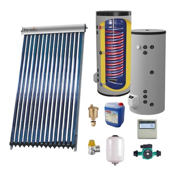 Sistem solar presurizat, panou Fornello 15 Tuburi Heat Pipe, boiler cu 2 serpentine si rezistenta electrica Eldom 200 litri cu montaj pe sol, pompa 25-60, controller, vas expansiune, antigel, supapa 1/2, aerisitor 1/2 Sistem solar presurizat, panou Fornello 15 Tuburi Heat Pipe, boiler cu 2 serpentine si rezistenta electrica Eldom 200 litri cu montaj pe sol, pompa 25-60, controller, vas expansiune, antigel, supapa 1/2, aerisitor 1/2