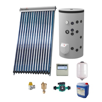 Sistem solar presurizat, panou Fornello 15 Tuburi Heat Pipe,boiler cu 2 serpentine si rezistenta electrica Eldom 150 litri cu montaj pe sol, pompa 25-60, controller, vas expansiune, antigel, supapa 1/2, aerisitor 1/2 Sistem solar presurizat, panou Fornello 15 Tuburi Heat Pipe,boiler cu 2 serpentine si rezistenta electrica Eldom 150 litri cu montaj pe sol, pompa 25-60, controller, vas expansiune, antigel, supapa 1/2, aerisitor 1/2