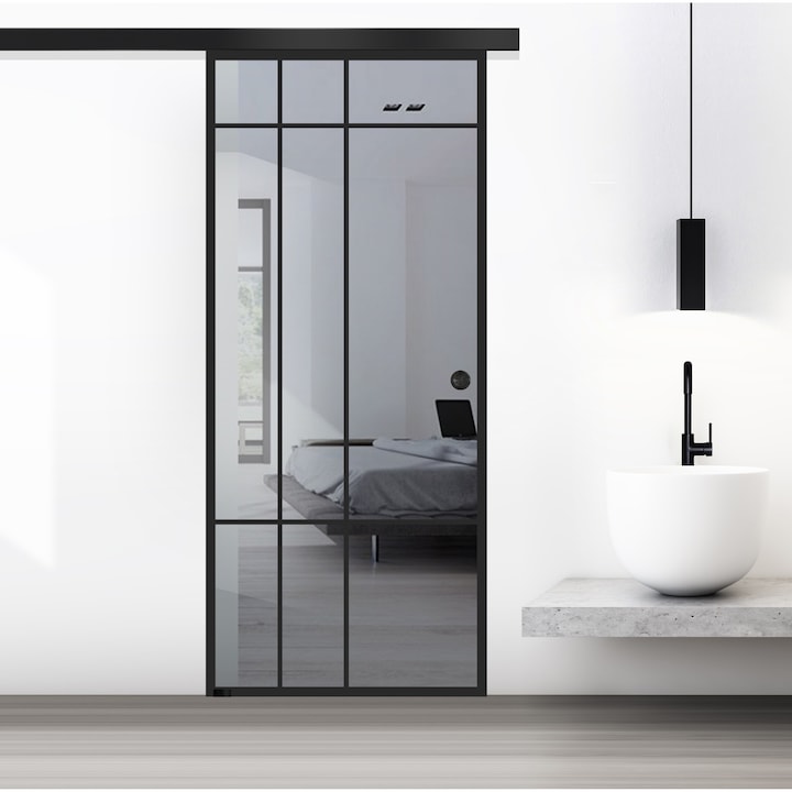 Usa culisanta Boss ® Black, model Event negru, 80x215 cm, sticla 8 mm gri securizata, glisanta in ambele directii