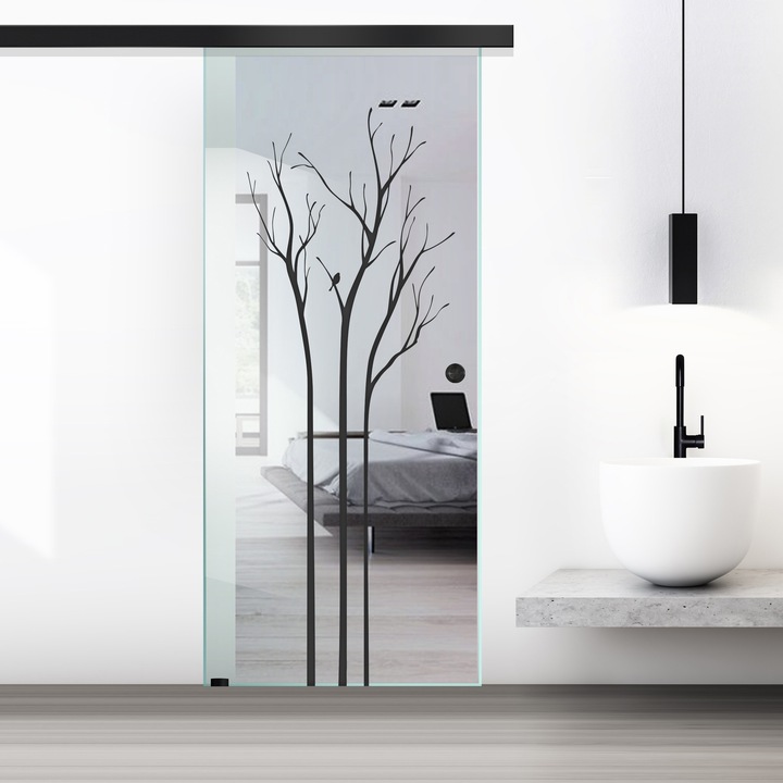 Boss Black üveg tolóajtó, fekete Peace modell, 85x215 cm, 8 mm vastag víztiszta üveg