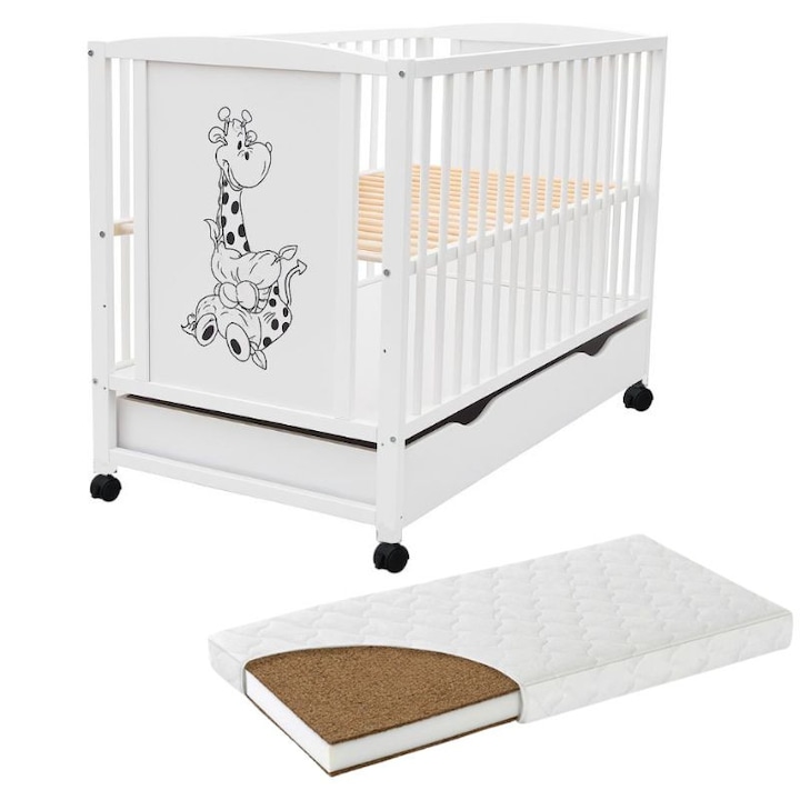 Patut din lemn masiv 120x60 cm Bria alb cu sertar, roti si saltea cocos LUX 120x60x12 cm, reglabil pe 3 nivele, certificat EN71