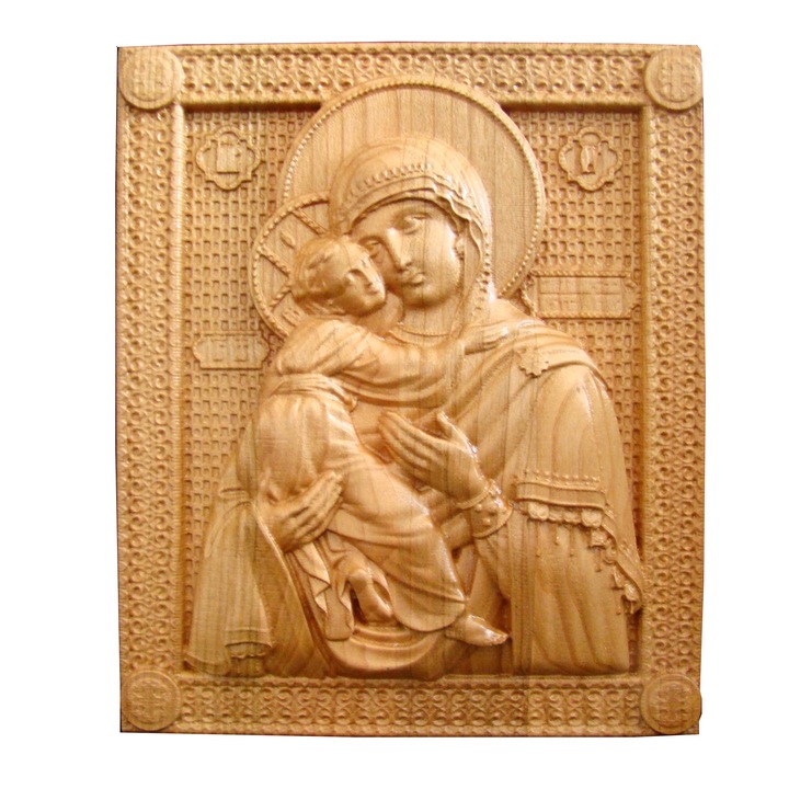 Icoana sculptata Maica Domnului, rama dreptunghiulara, cires salbatic, 22x18,5 cm