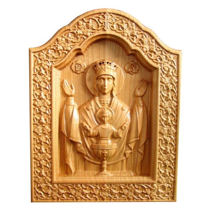 Icoana sculptata Maica Domnului "Potirul nesecat", lemn masiv, 23x18 cm