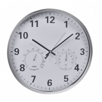 Ceas decorativ de perete Pufo cu indicator de temperatura si umiditate, 36 cm Ceas decorativ de perete Pufo cu indicator de temperatura si umiditate, 36 cm