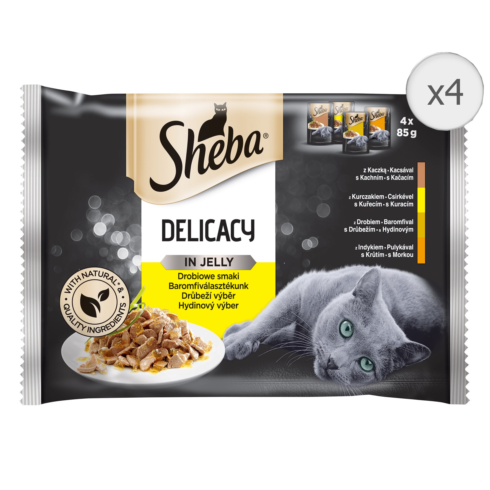 Hrana umeda pentru pisici Sheba Delicacy, rata, pui, pasare si curcan in aspic, 13x4x85g