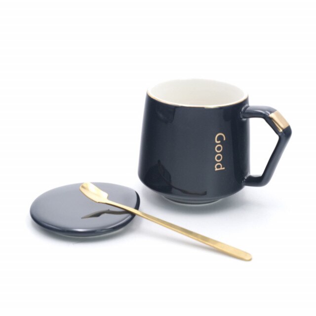 Cana cu capac din ceramica si lingurita Pufo Elegance pentru cafea sau ceai, 300 ml, bleumarin