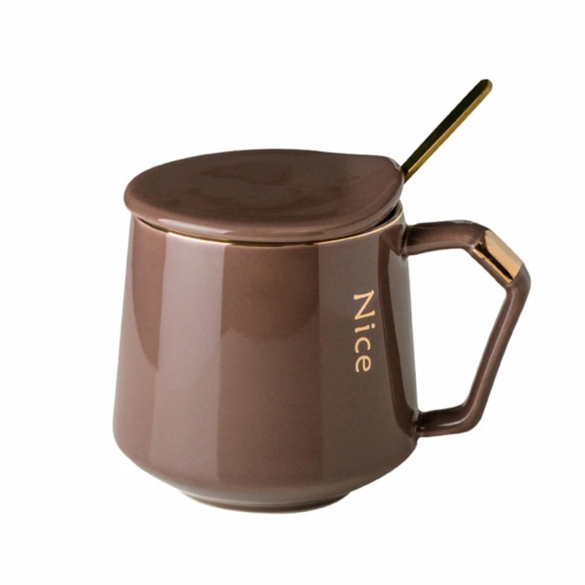 Cana cu capac din ceramica si lingurita Pufo Luxurious pentru cafea sau ceai, 300 ml, maro