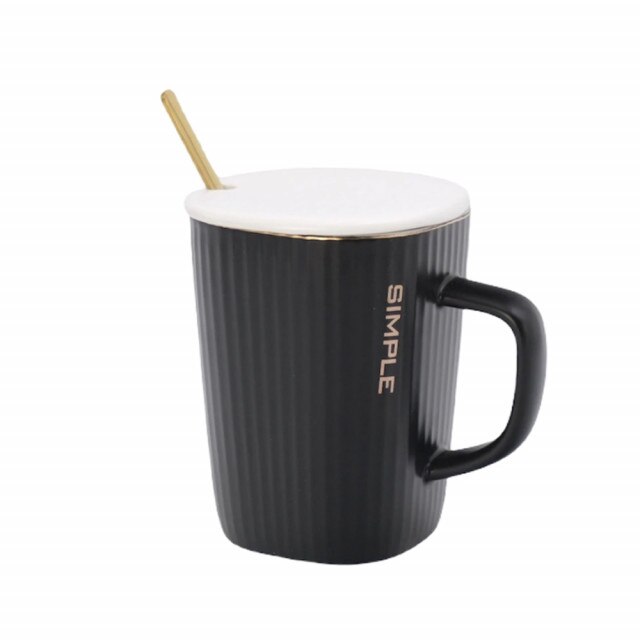 Cana cu capac din ceramica si lingurita Pufo Black Simple pentru cafea sau ceai, 320 ml, negru