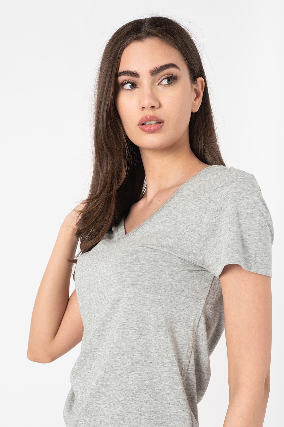 GAP, Tricou cu decolteu in V si model uni, Gri deschis