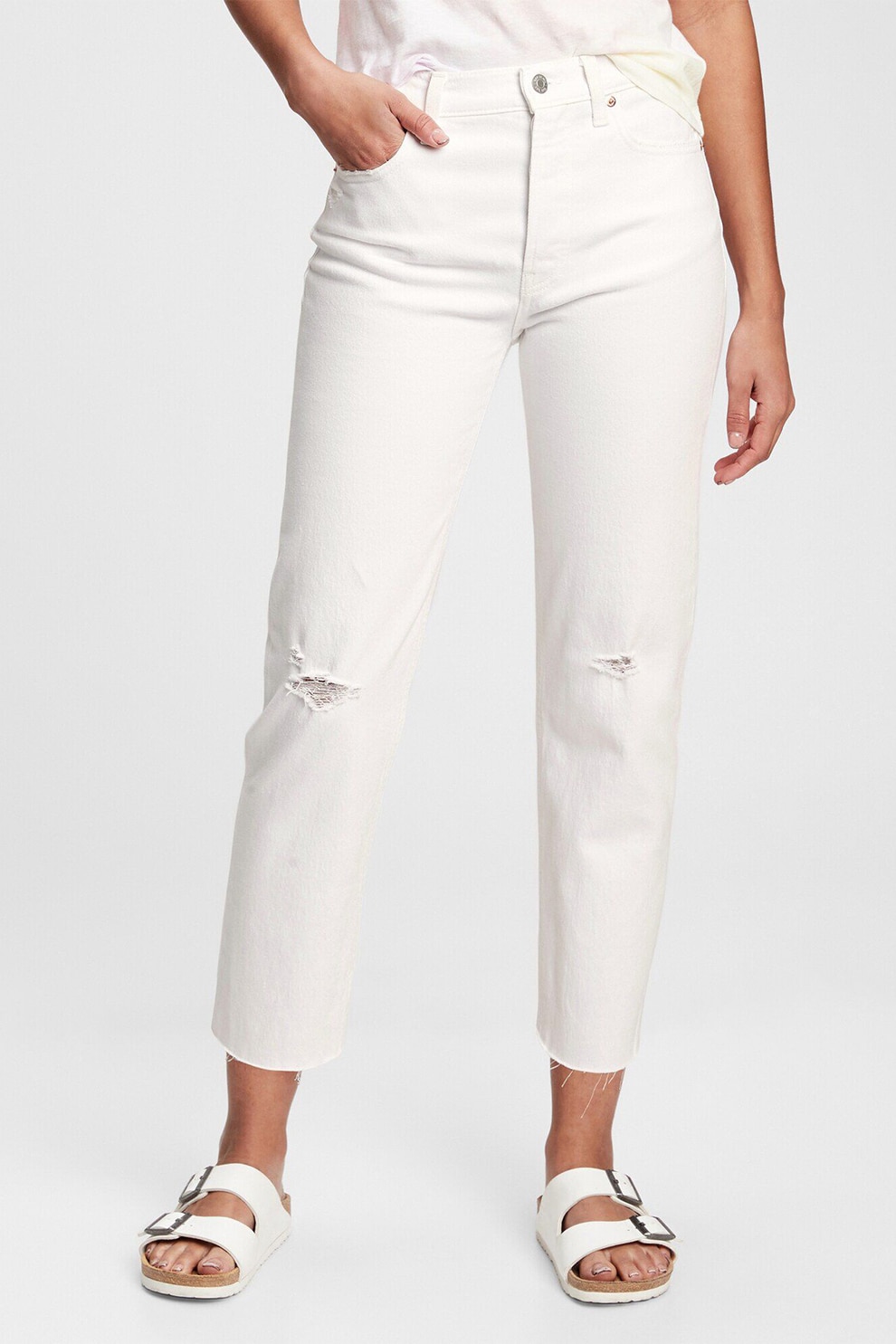 GAP, Blugi crop cu detalii cu aspect deteriorat, Alb