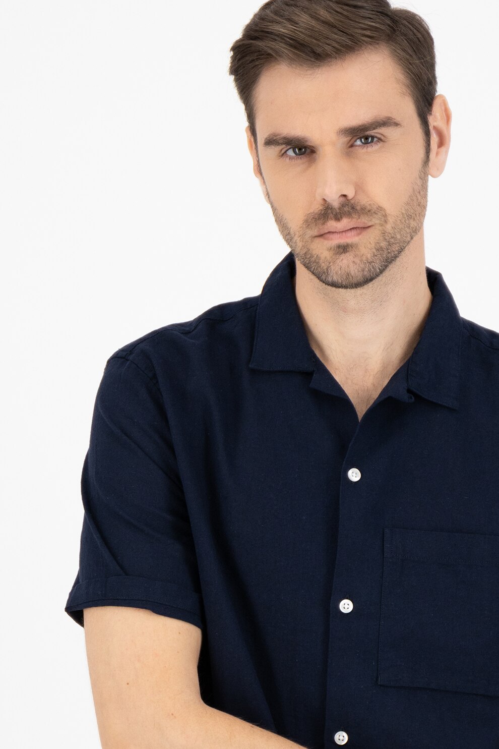 GAP, Camasa din amestec de in cu maneca scurta, Bleumarin inchis