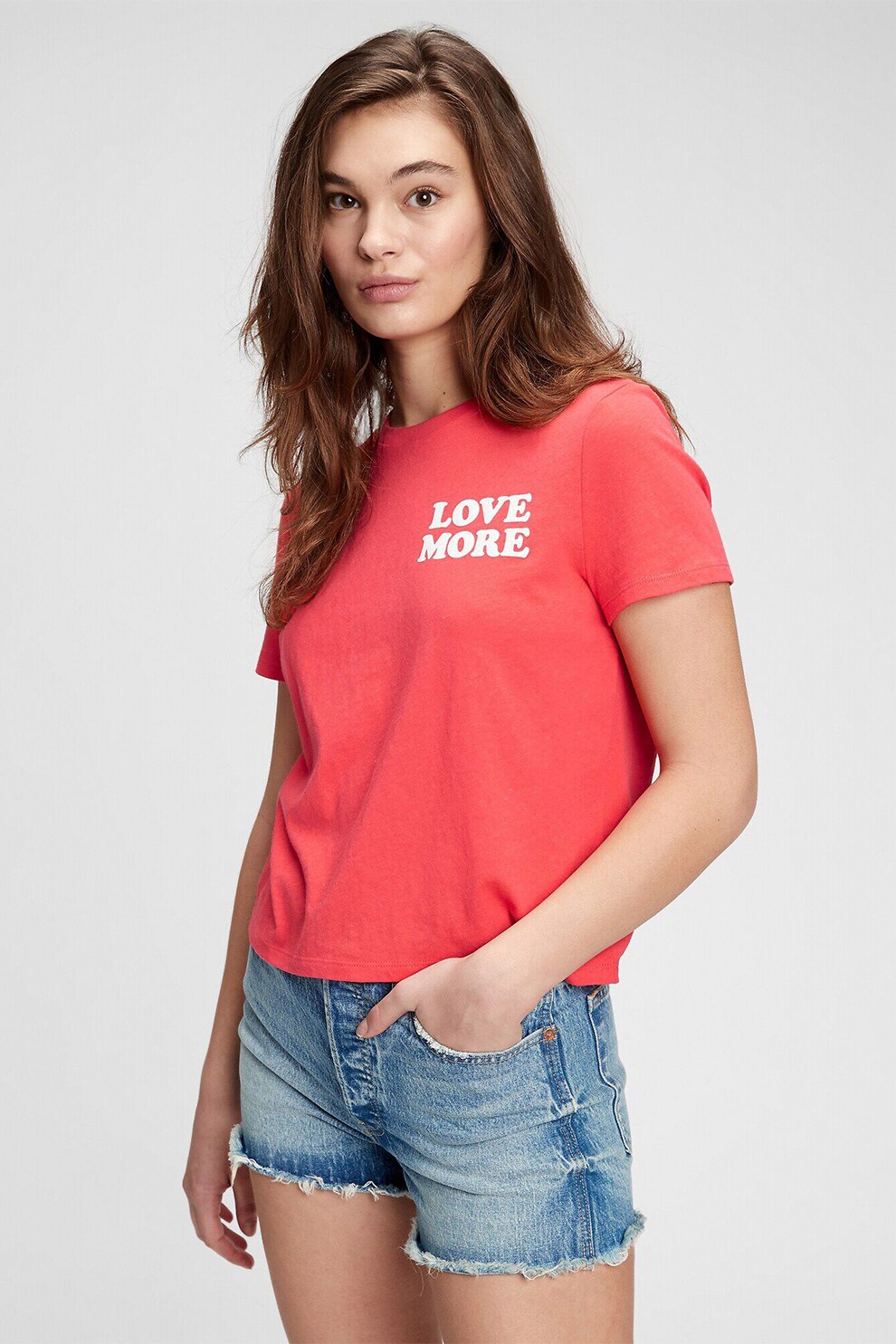 GAP, Tricou cu decolteu la baza gatului si imprimeu text, Rosu/Alb