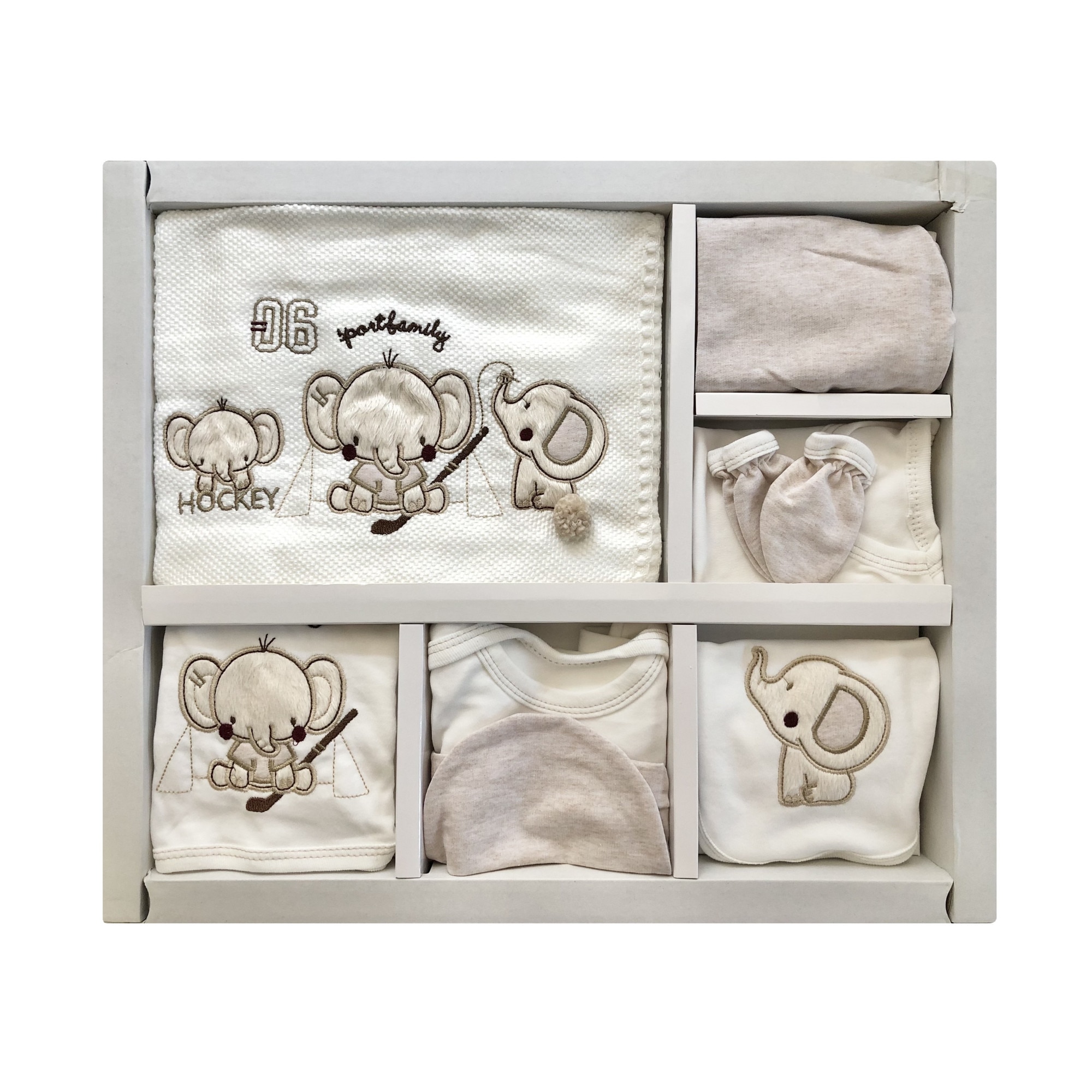 Set cadou Bebelusi/Nou-Nascut, DONINO BABY model Elephant family, 10 piese, 0-4 luni, Bumbac 100%, Alb/Bej melange