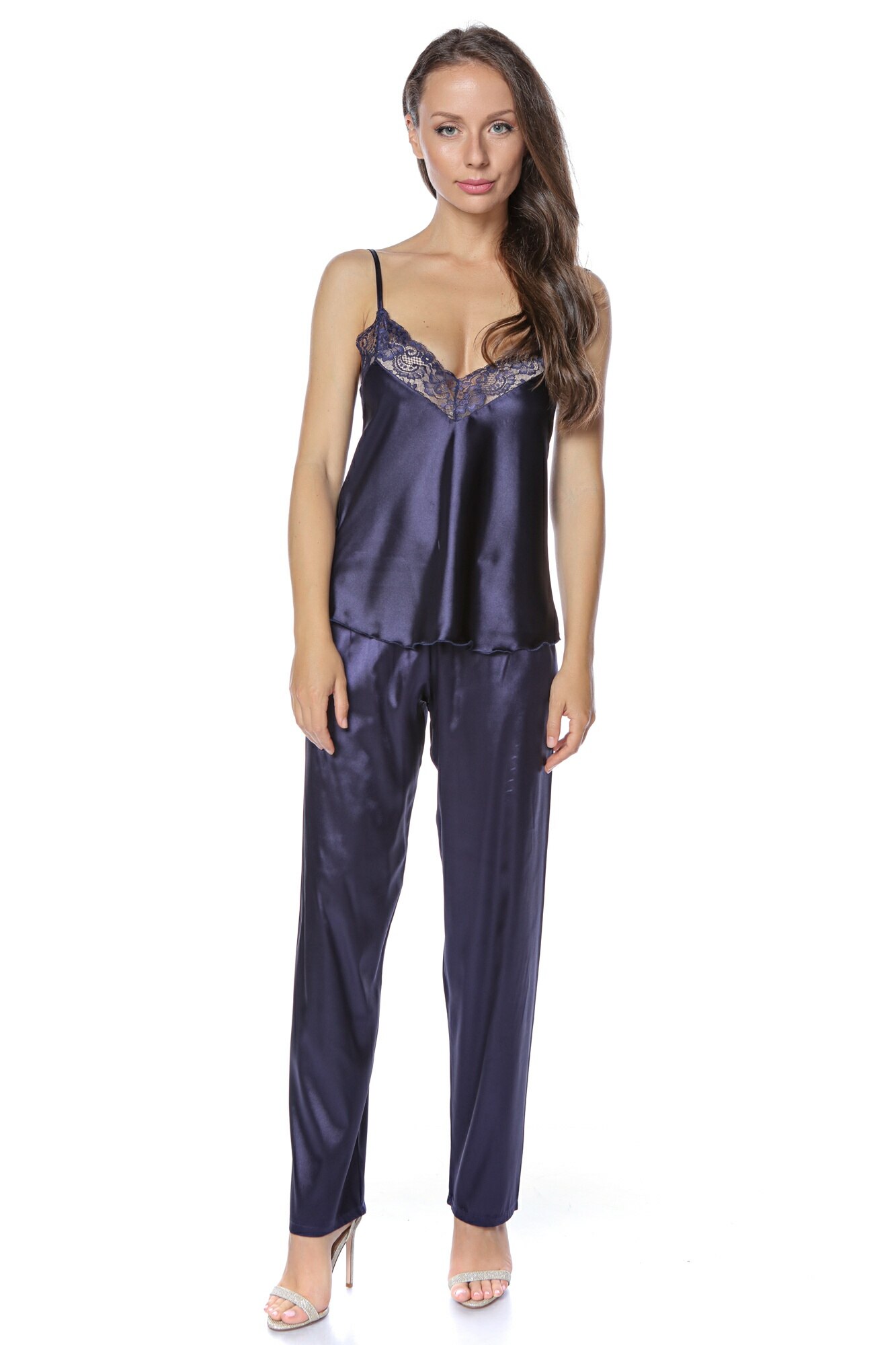 Pijama de dama din satin, cu pantalon lung Sanda, Bella Lingerie, Bleumarin