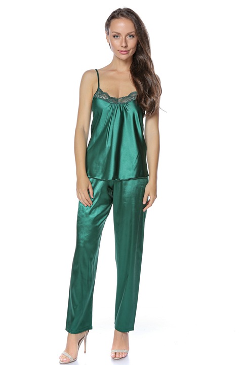 Pijama de dama din satin, cu pantalon lung Sanda, Bella Lingerie, Verde