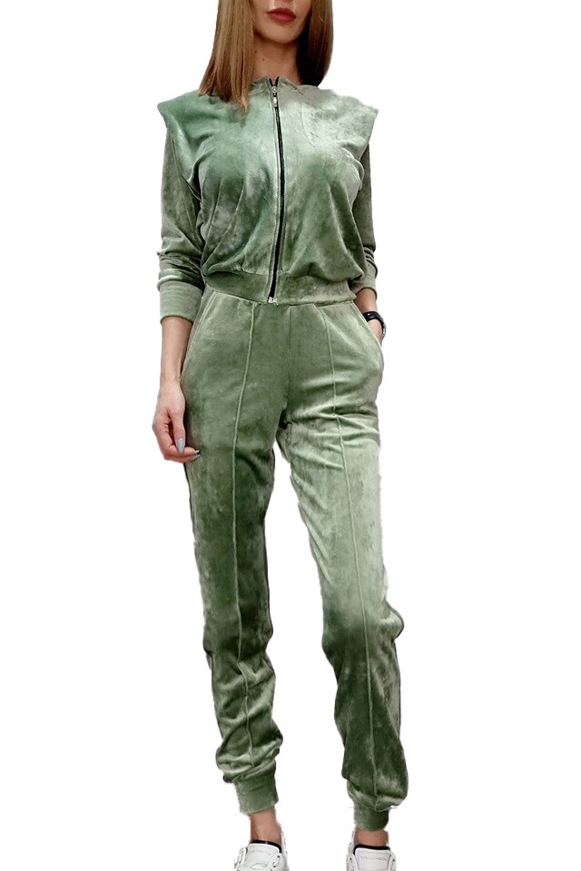 Compleu doua piese din catifea Emblem, Kaki, S-M