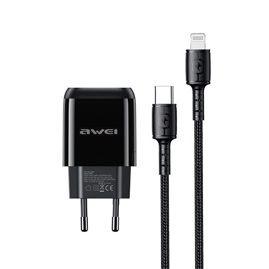 Adaptor si cablu Awei PD2 pentru incarcare rapida, Adaptor USB C, Incarcator tip C, QC3.0, Negru