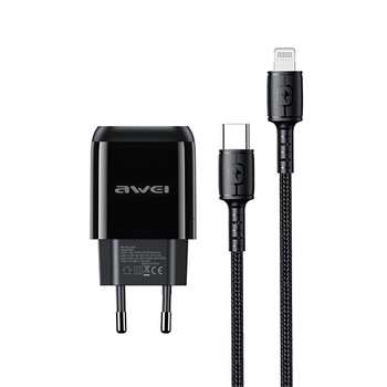 Adaptor si cablu Awei PD2 pentru incarcare rapida, Adaptor USB C, Incarcator tip C, QC3.0, Negru Adaptor si cablu Awei PD2 pentru incarcare rapida, Adaptor USB C, Incarcator tip C, QC3.0, Negru