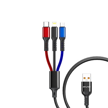 Cablu de date 3 in 1 Awei, 1.2m, 2.4A, USB la 8 pini/ Micro USB/ USB-C, Multicolor Cablu de date 3 in 1 Awei, 1.2m, 2.4A, USB la 8 pini/ Micro USB/ USB-C, Multicolor