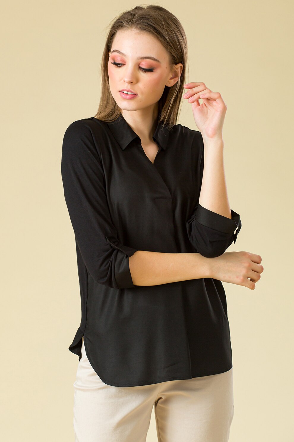 Sense, Bluza cu guler clasic si maneci ajustabile, Negru