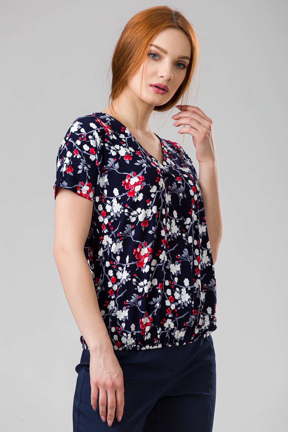 Sense, Bluza cu decolteu in V si imprimeu floral, Bleumarin/Rosu/Alb