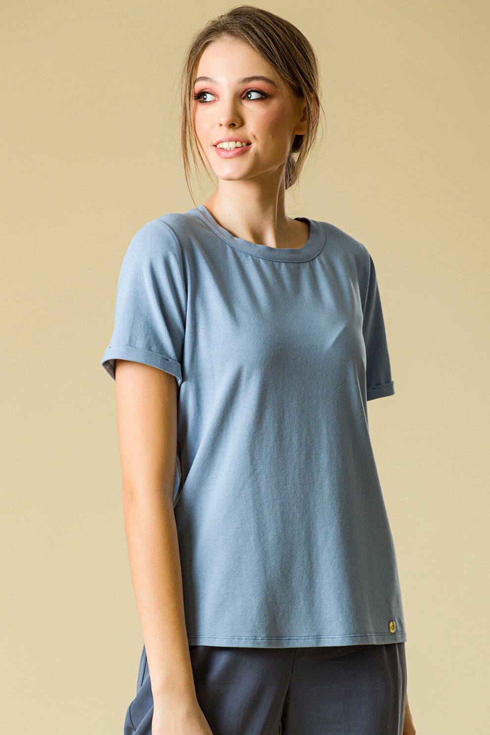 Sense, Tricou din amestec de bambus cu decolteu la baza gatului Kendy, Albastru pastel