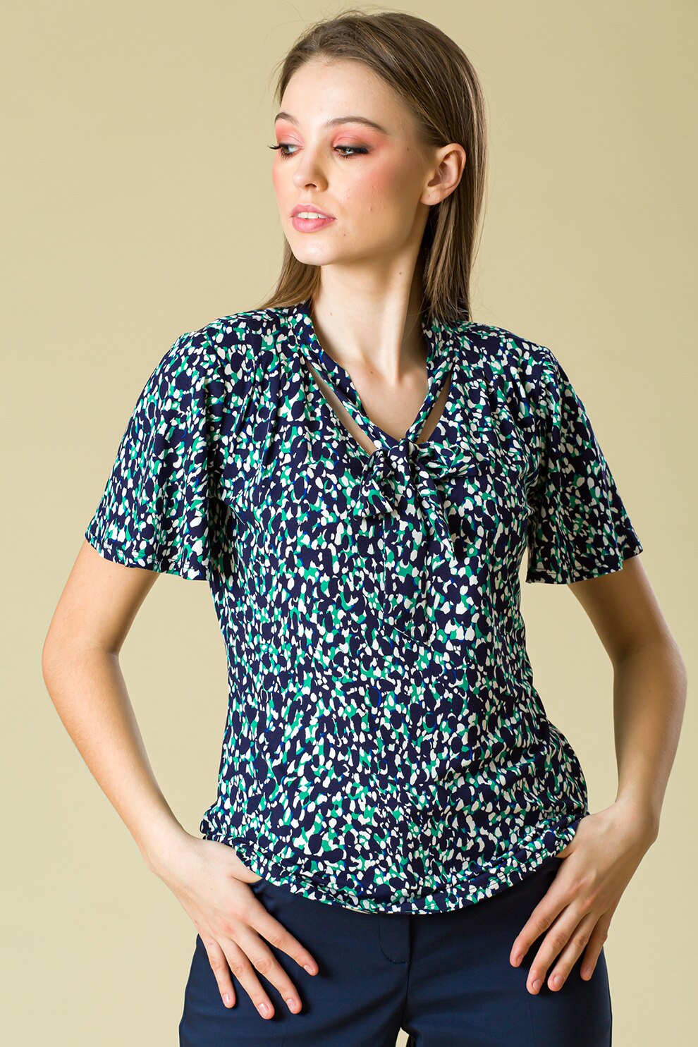 Sense, Bluza din amestec de in cu funda si imprimeu, Bleumarin/Verde/Alb