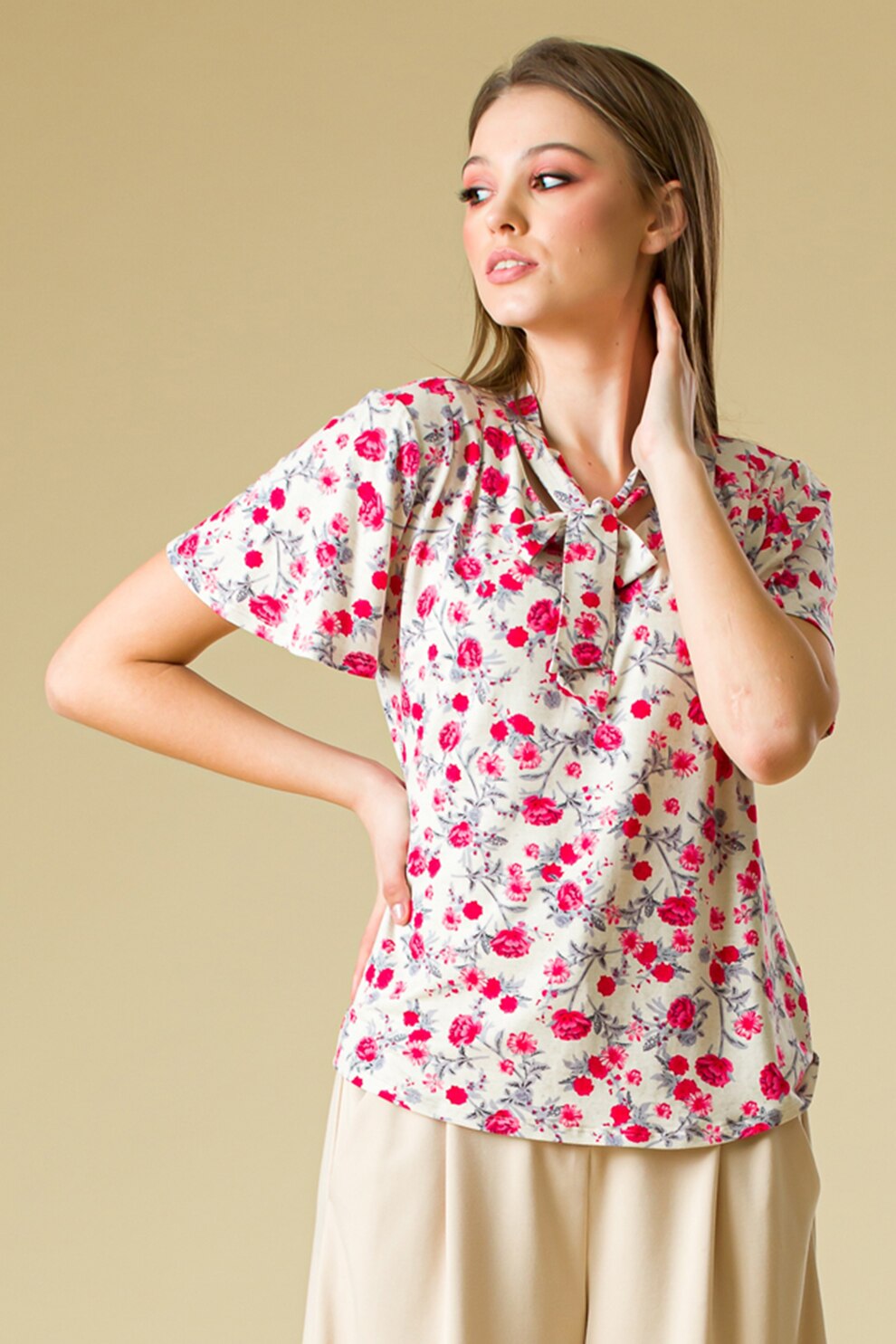 Sense, Bluza din amestec de in cu funda si imprimeu, Crem/Roz/Gri