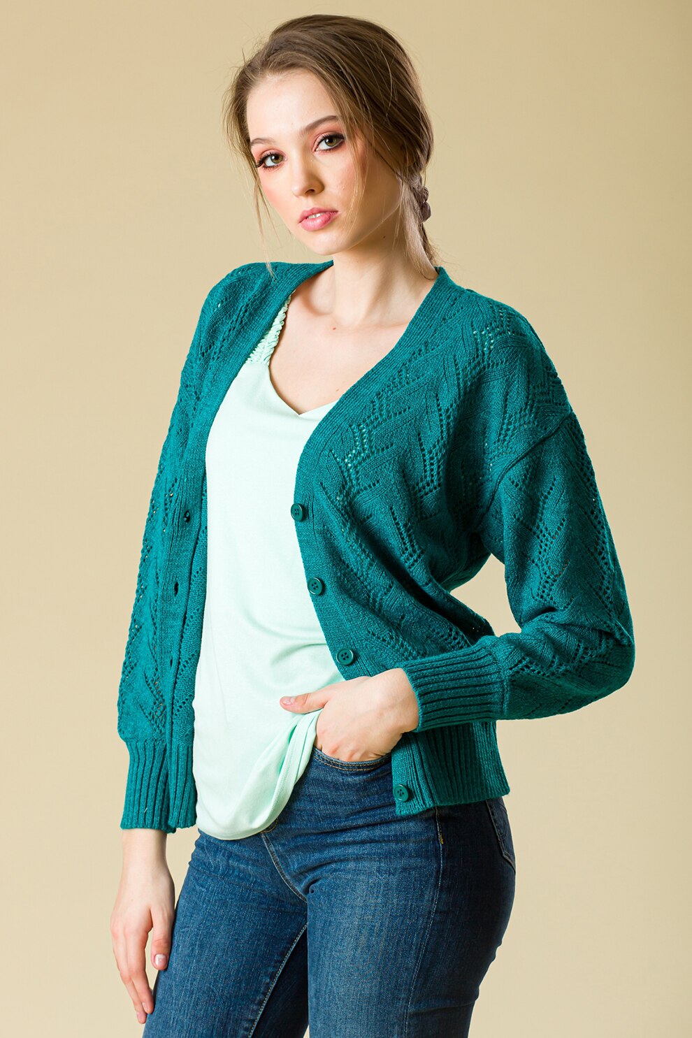 Sense, Cardigan cu perforatii si nasturi Jade, Verde persan