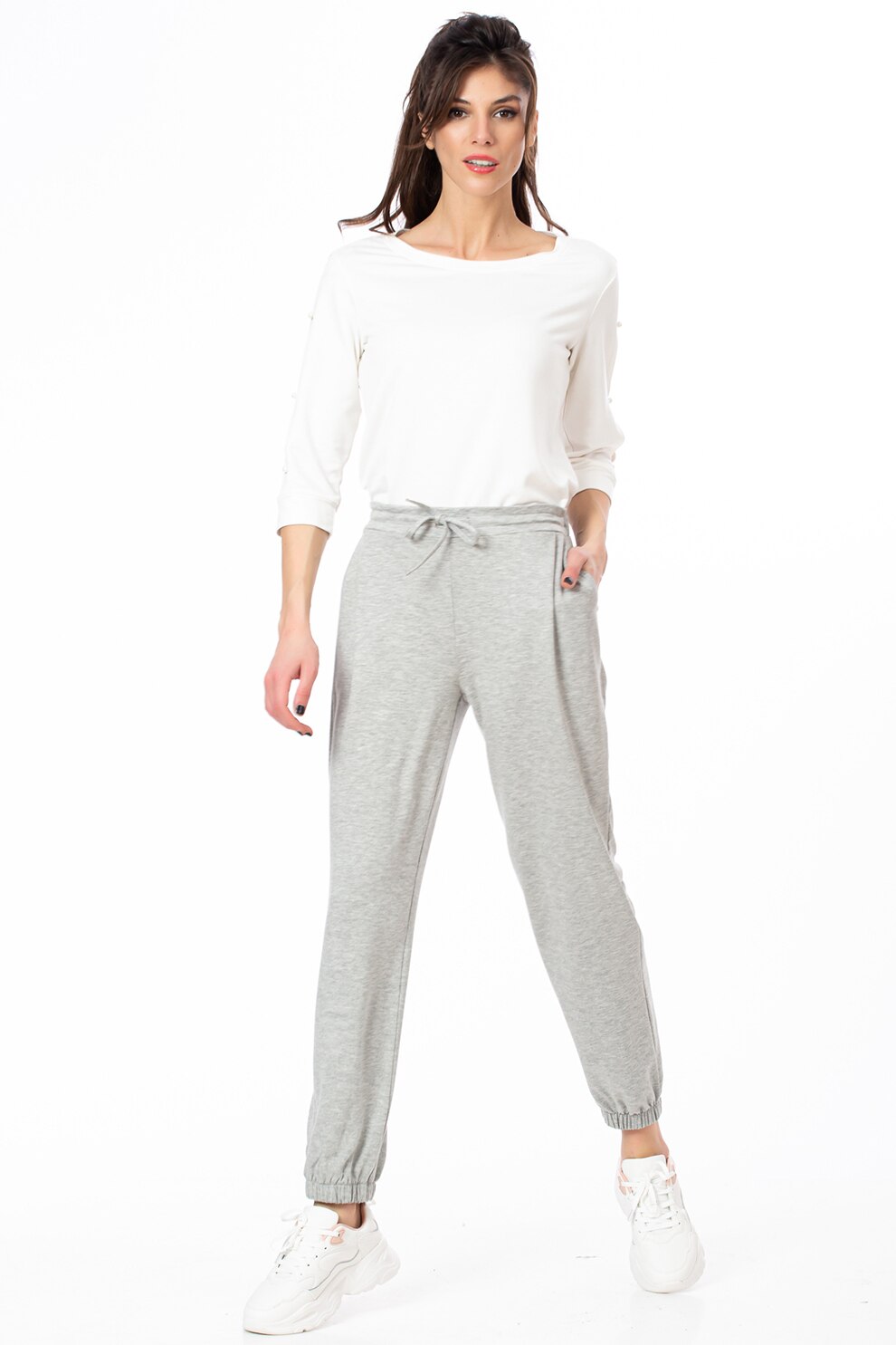 Sense, Pantalono jogger de jerseu cu snur in talie, Gri deschis melange