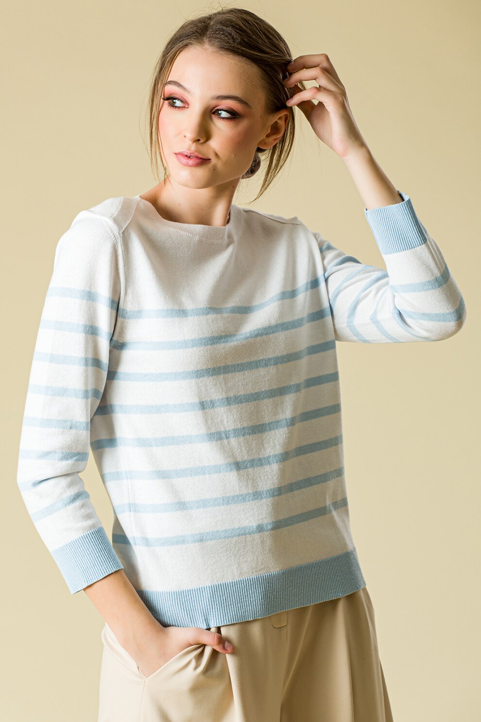 Sense, Pulover cu decolteu la baza gatului si dungi, Alb/Bleu