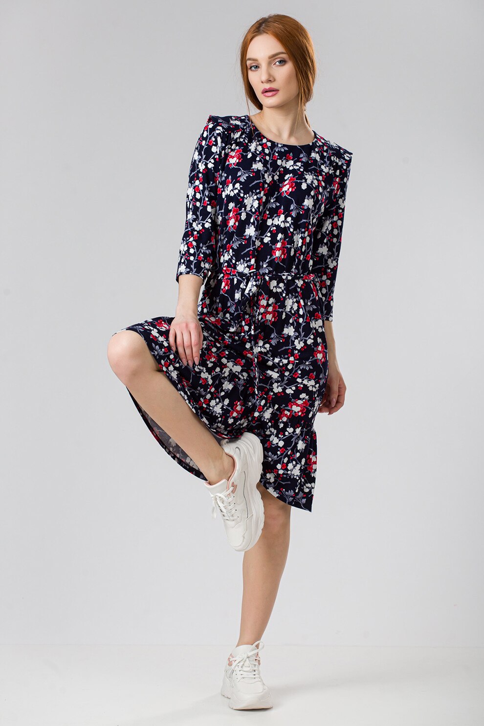 Sense, Rochie cu imprimeu floral si cordon, Bleumarin/Rosu/Alb, S