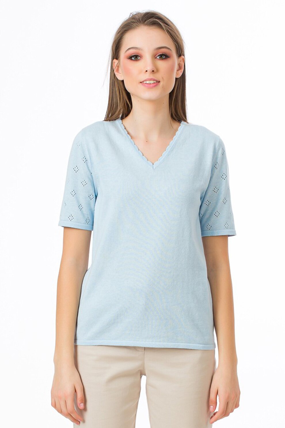 Sense, Bluza cu decolteu in V si perforatii Lorelai, Albastru pastel