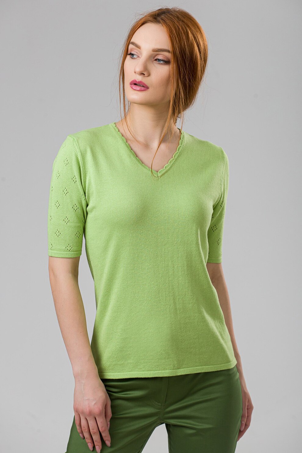 Sense, Bluza cu decolteu in V si perforatii Lorelai, Verde fistic
