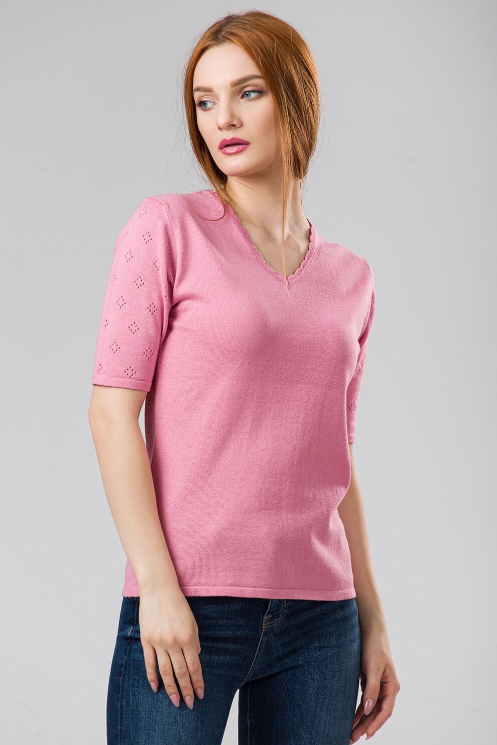 Sense, Bluza cu decolteu in V si perforatii Lorelai, Roz